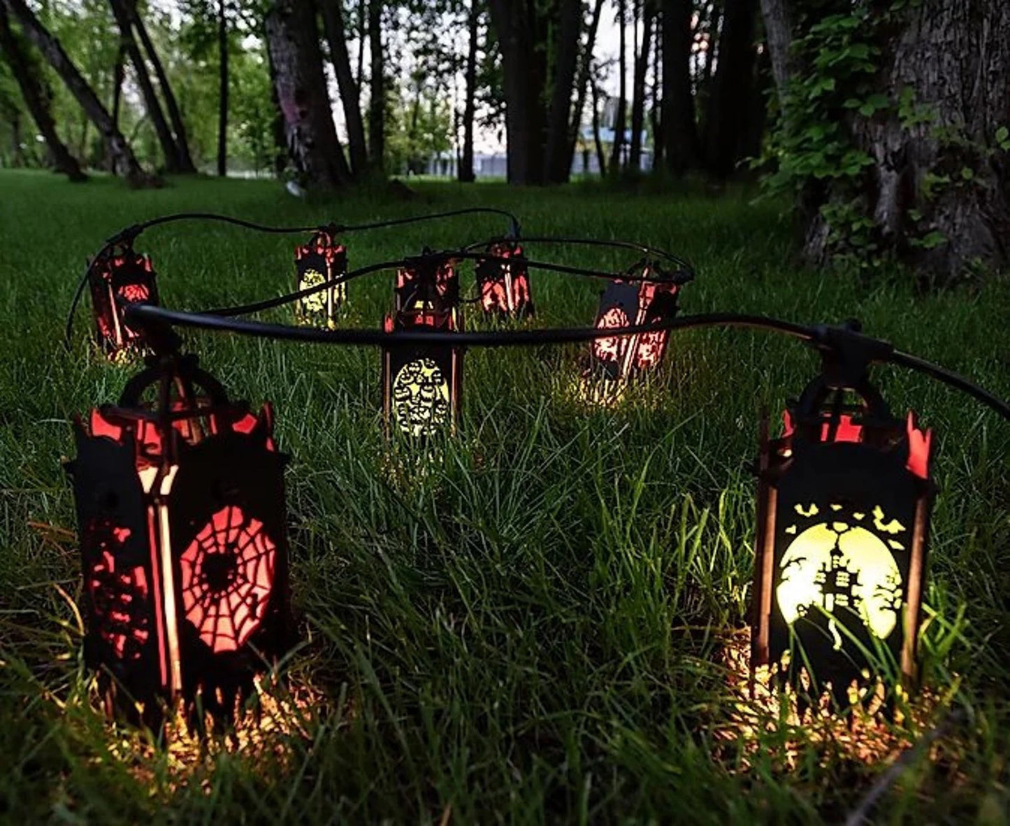 A set of 5 Halloween decor lanterns for string lights. Outdoor Halloween decorations with unique characters - Spider, Jack-o, Owl