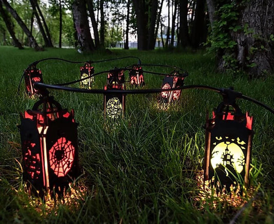 A set of 5 Halloween decor lanterns for string lights. Outdoor Halloween decorations with unique characters - Spider, Jack-o, Owl