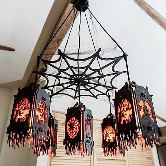 5-lantern Halloween indoor wooden pendant light chandelier with Spider, Haunted House, Owls, and Jack-o-Lantern