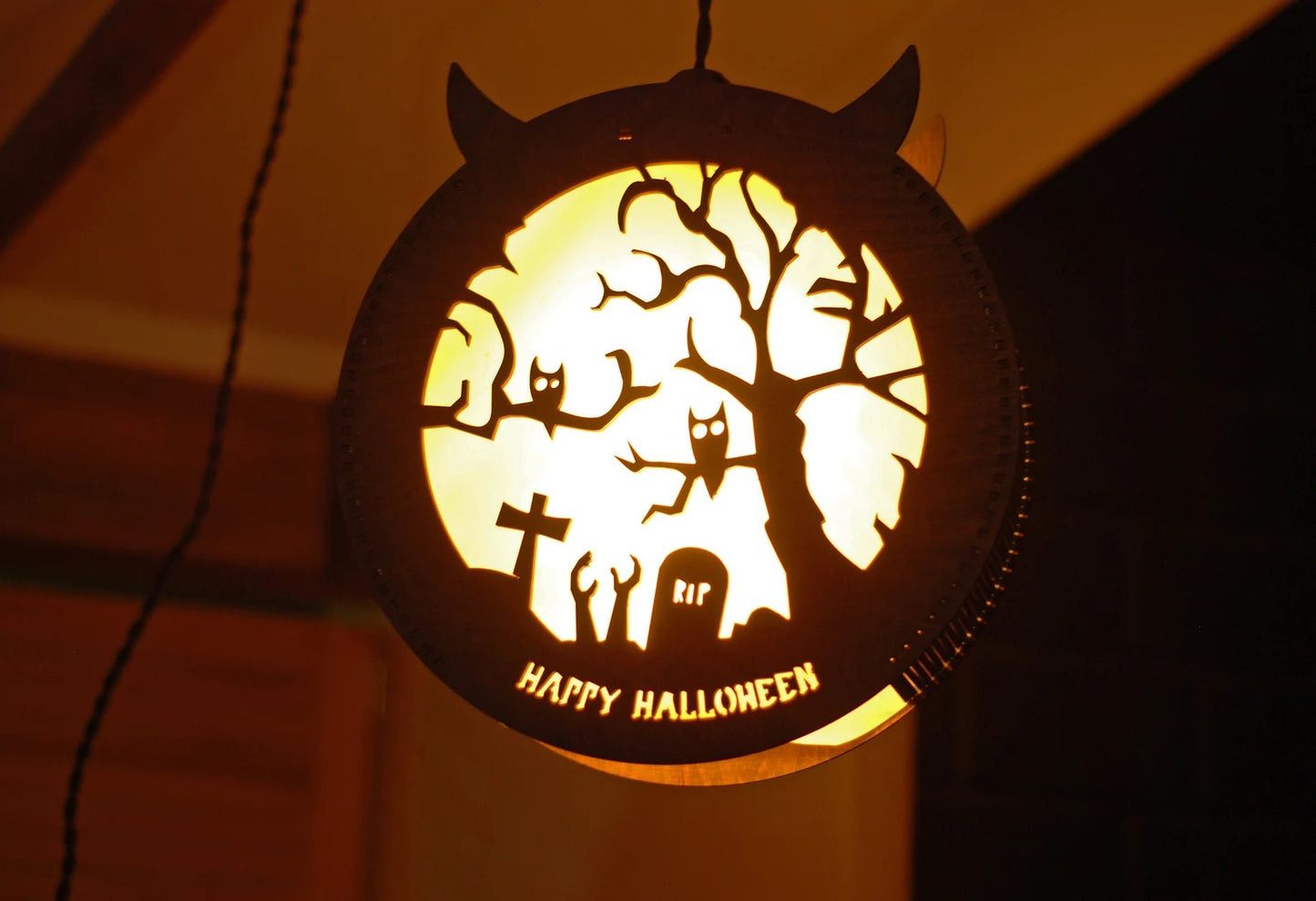 Spooky Cemetery Owls Halloween decorations lantern for indoor, outdoor, wall, and window Halloween decor.