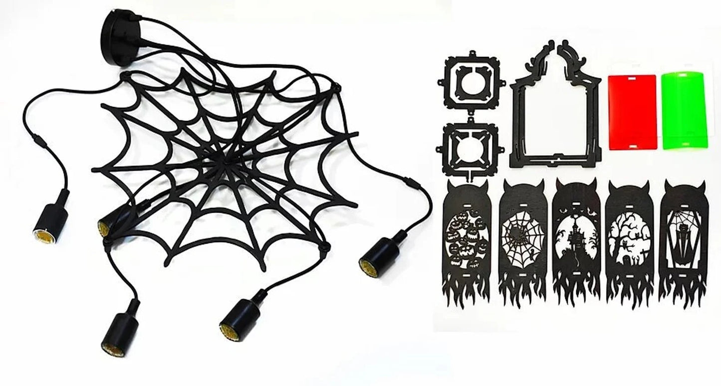 5-lantern Halloween indoor wooden pendant light chandelier with Spider, Haunted House, Owls, and Jack-o-Lantern