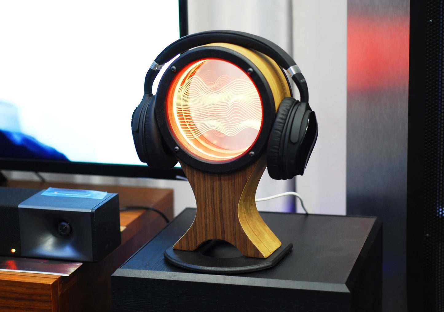 Headphone stand, holder or hanger with a color LED light (oak veneer)