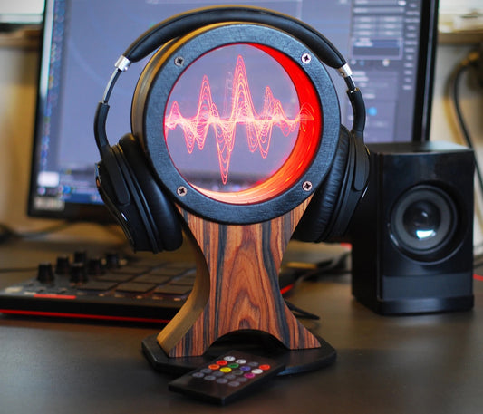 LED Headphone stand, holder, or hanger with color changing lights (sandal wood veneer)