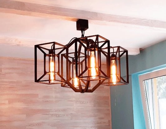 Modern farmhouse chandelier with large 4 lamp rectangle wood pendant lights