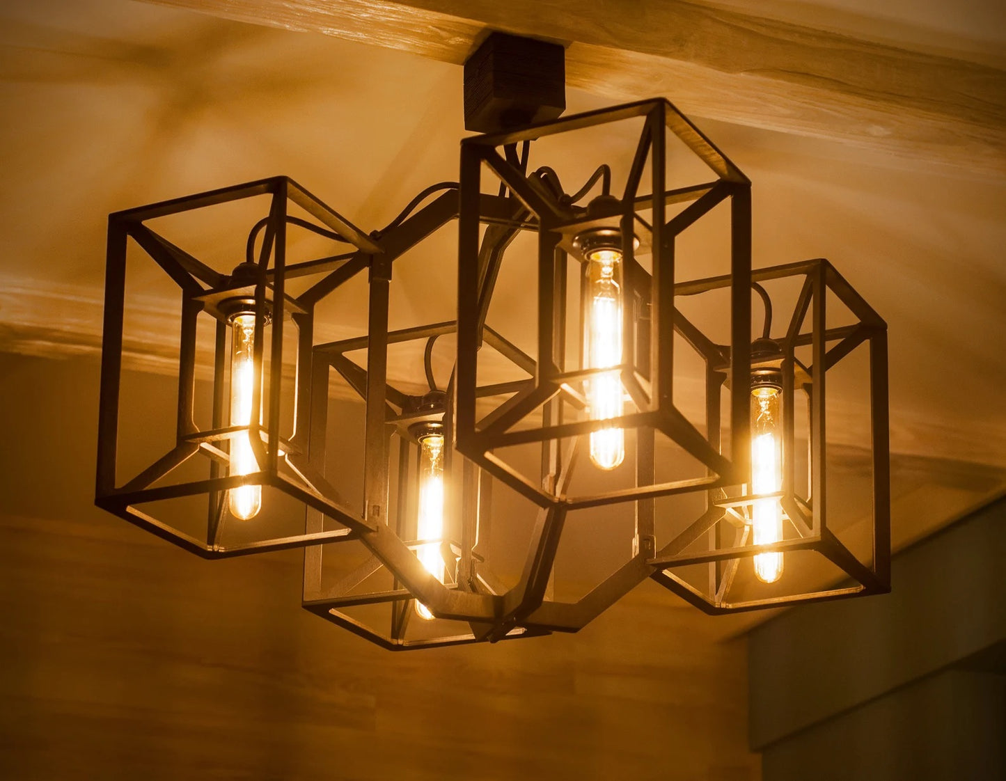 Modern farmhouse chandelier with large 4 lamp rectangle wood pendant lights