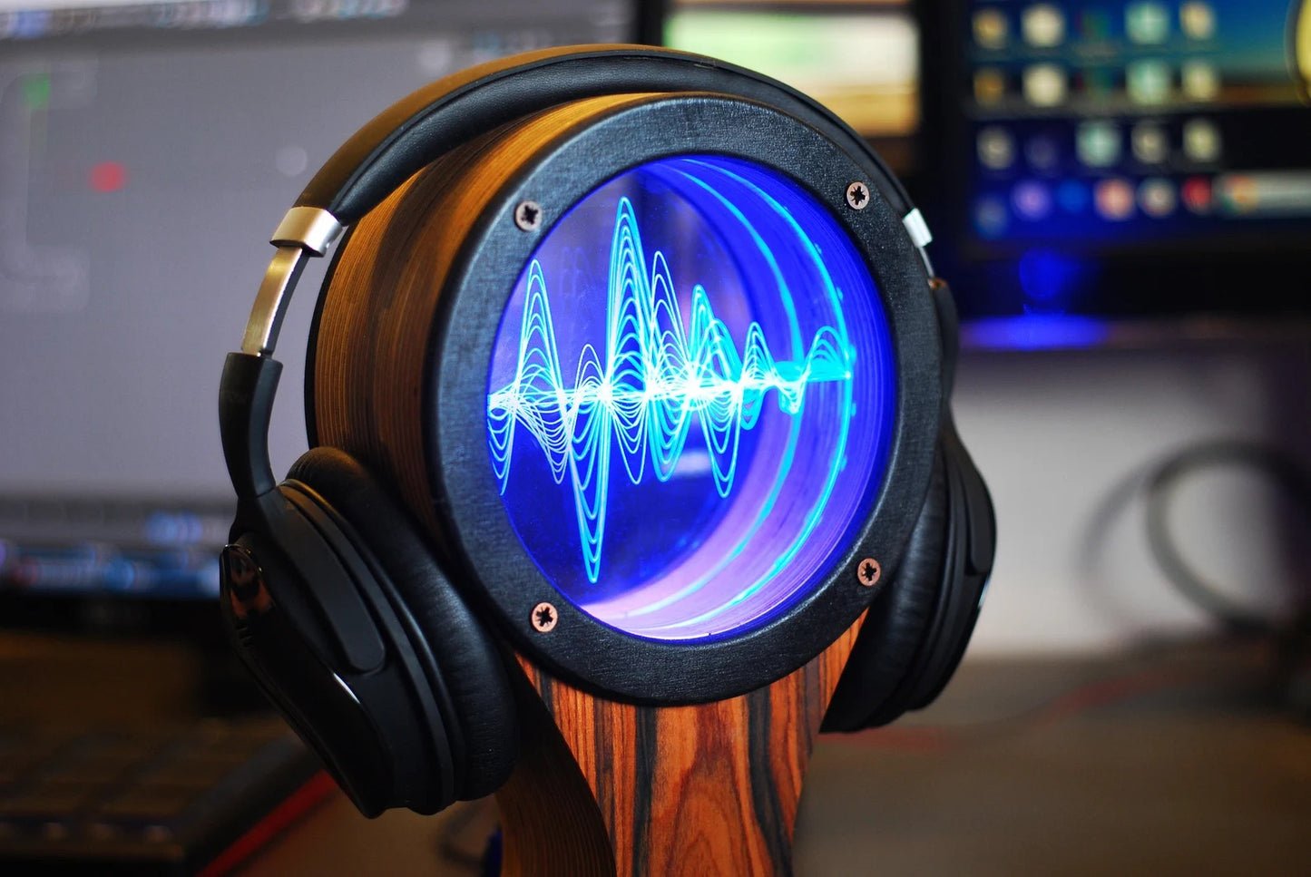 LED Headphone stand, holder, or hanger with color changing lights (sandal wood veneer)