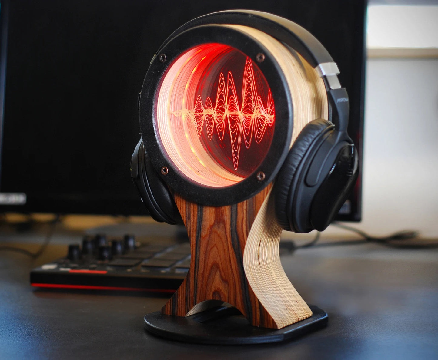 LED Headphone stand, holder, or hanger with color changing lights (sandal wood veneer)