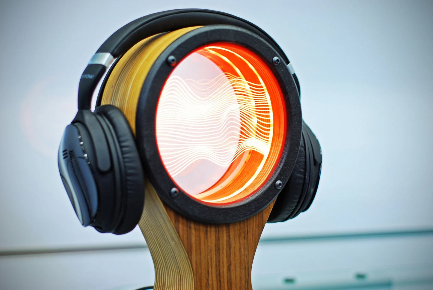 Headphone stand, holder or hanger with a color LED light (oak veneer)