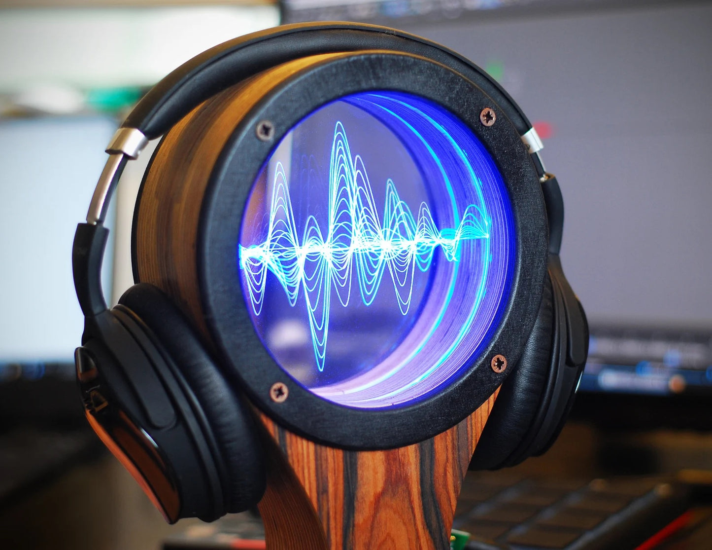 LED Headphone stand, holder, or hanger with color changing lights (sandal wood veneer)