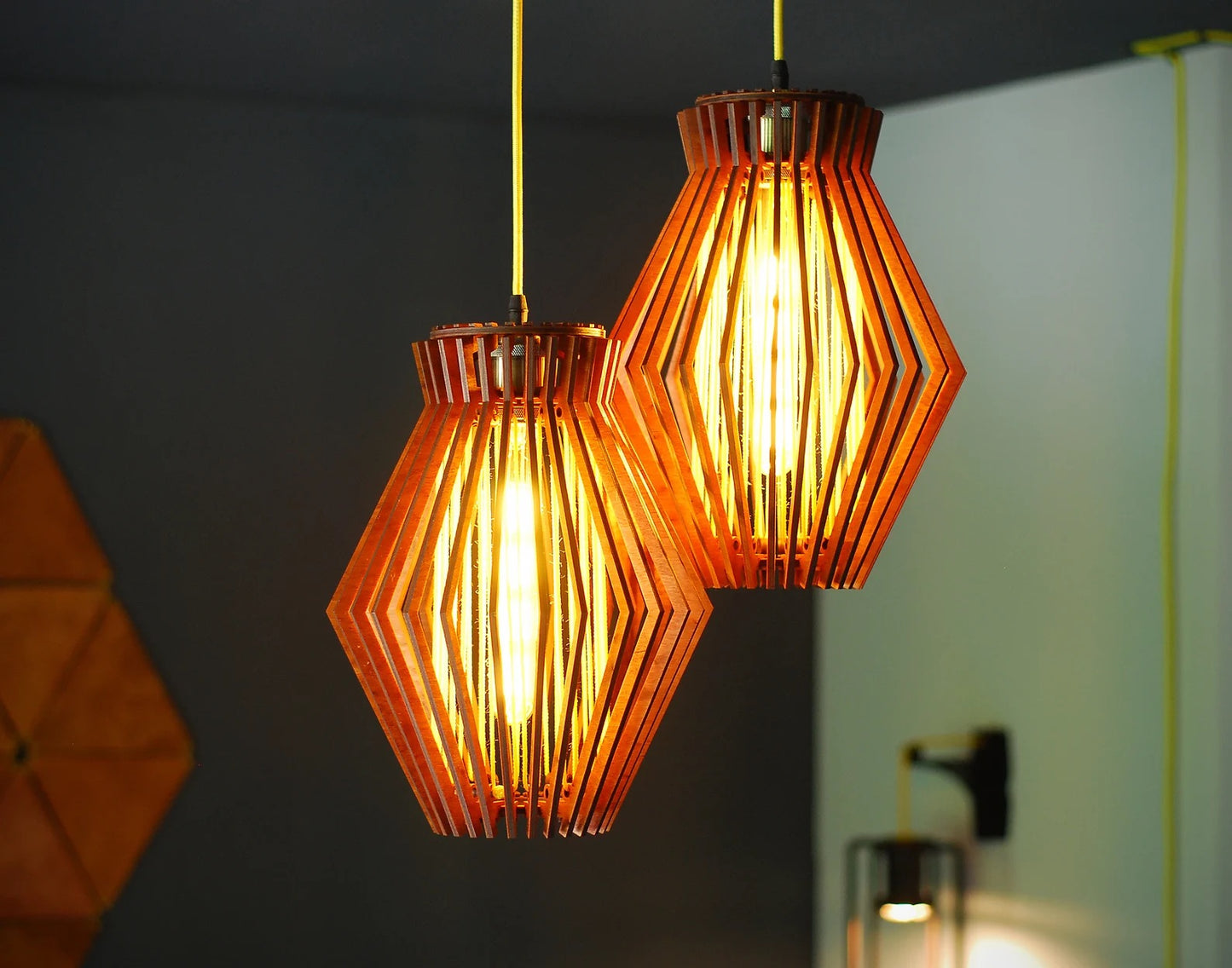 2-lamp mid century modern wooden pendant light