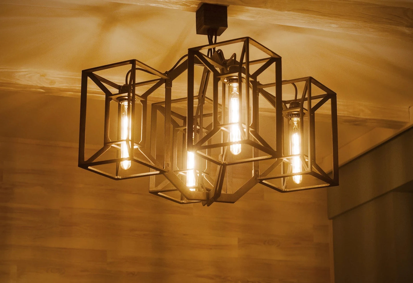 Modern farmhouse chandelier with large 4 lamp rectangle wood pendant lights