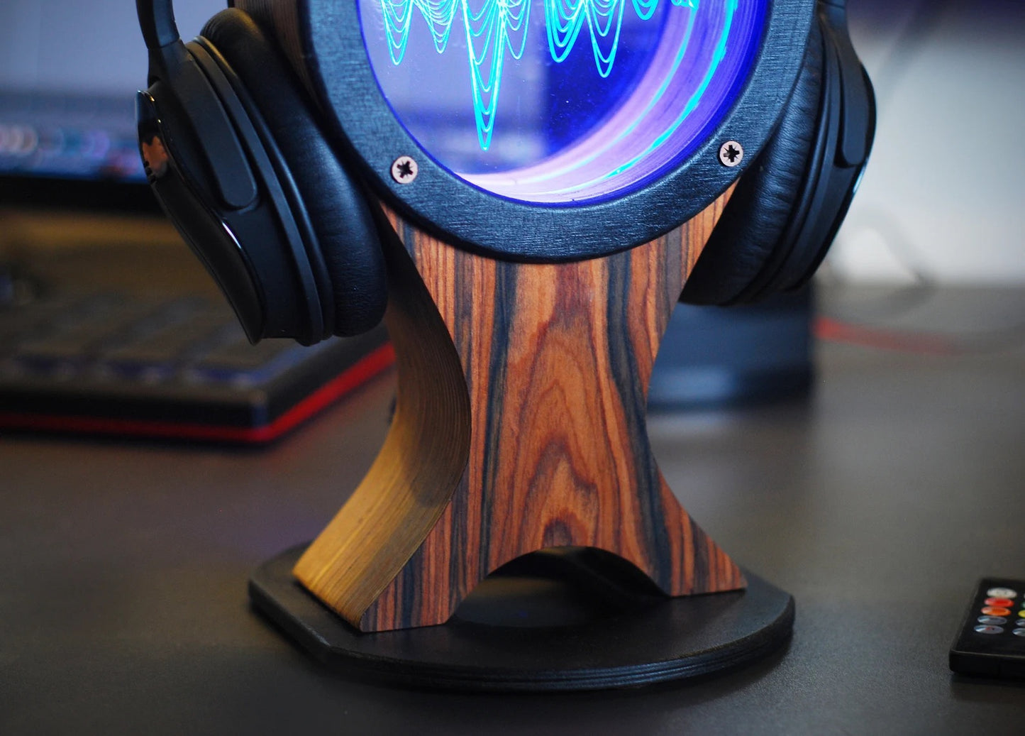 LED Headphone stand, holder, or hanger with color changing lights (sandal wood veneer)