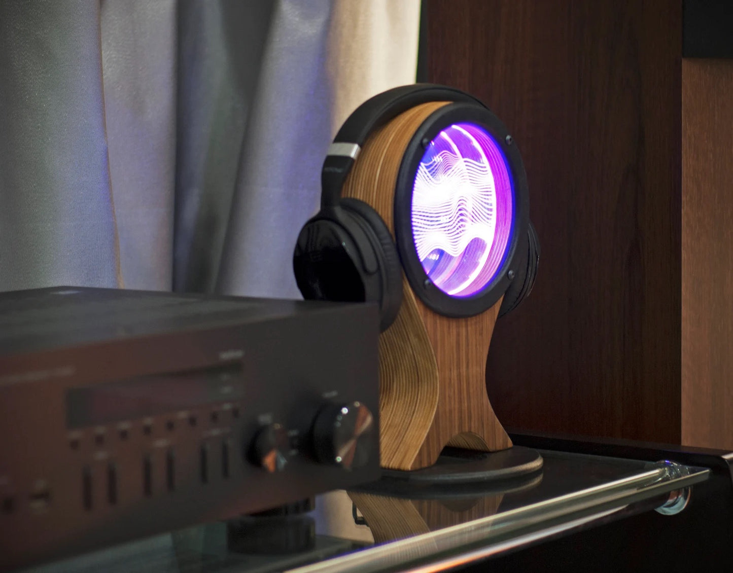 Headphone stand, holder or hanger with a color LED light (oak veneer)