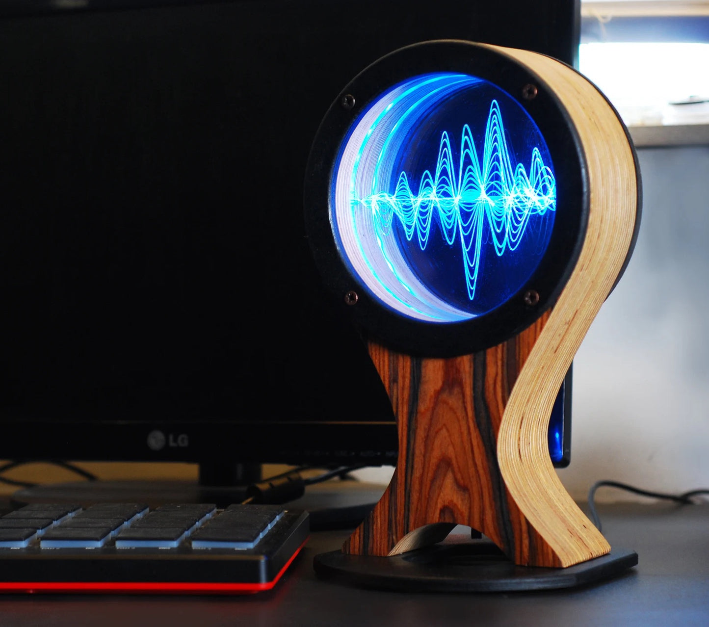 LED Headphone stand, holder, or hanger with color changing lights (sandal wood veneer)