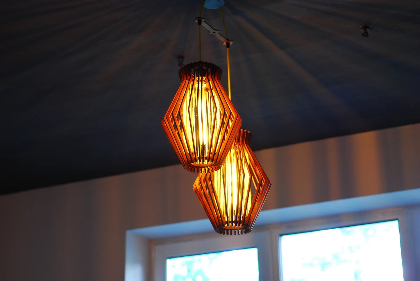 2-lamp mid century modern wooden pendant light