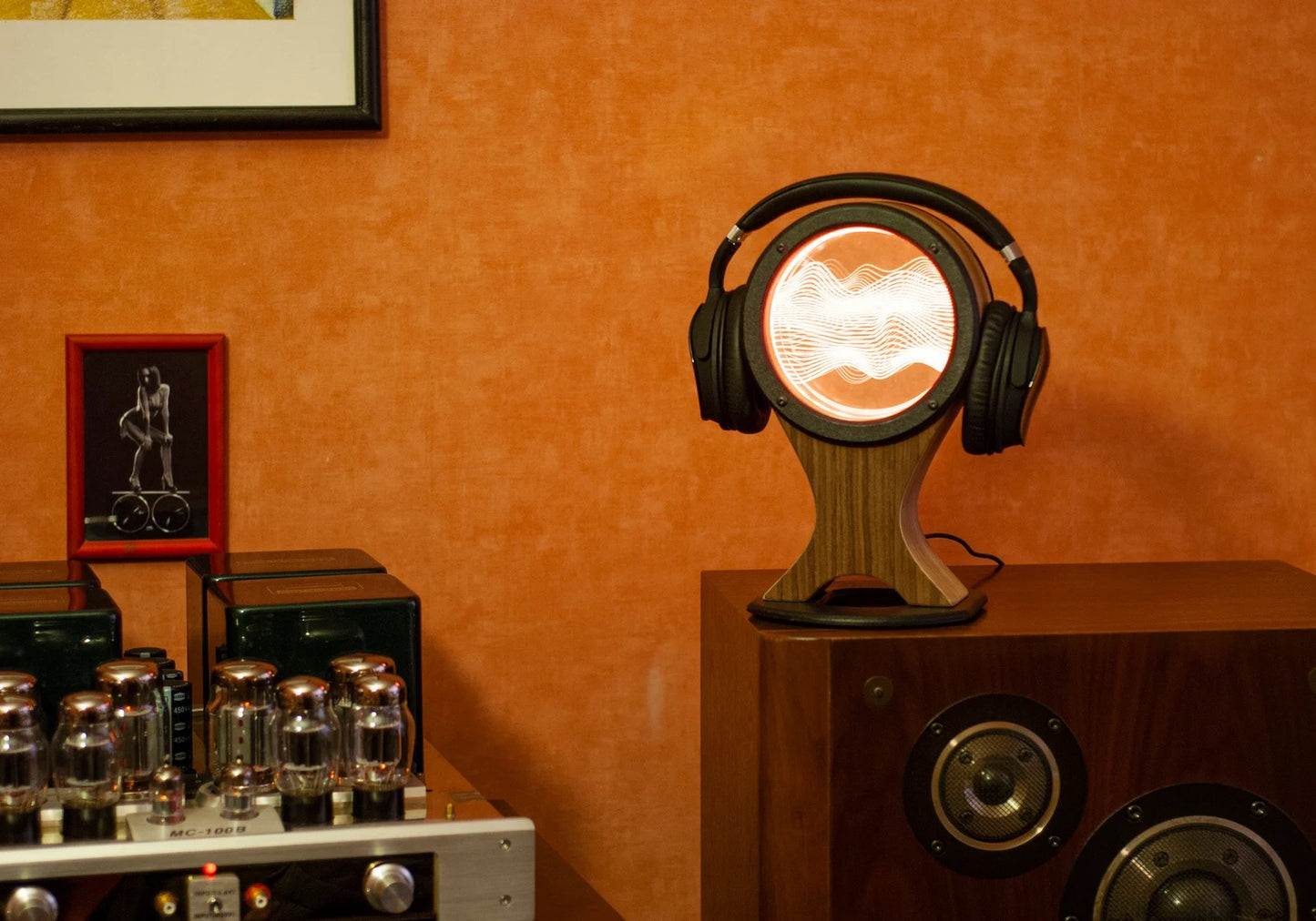 Headphone stand, holder or hanger with a color LED light (oak veneer)