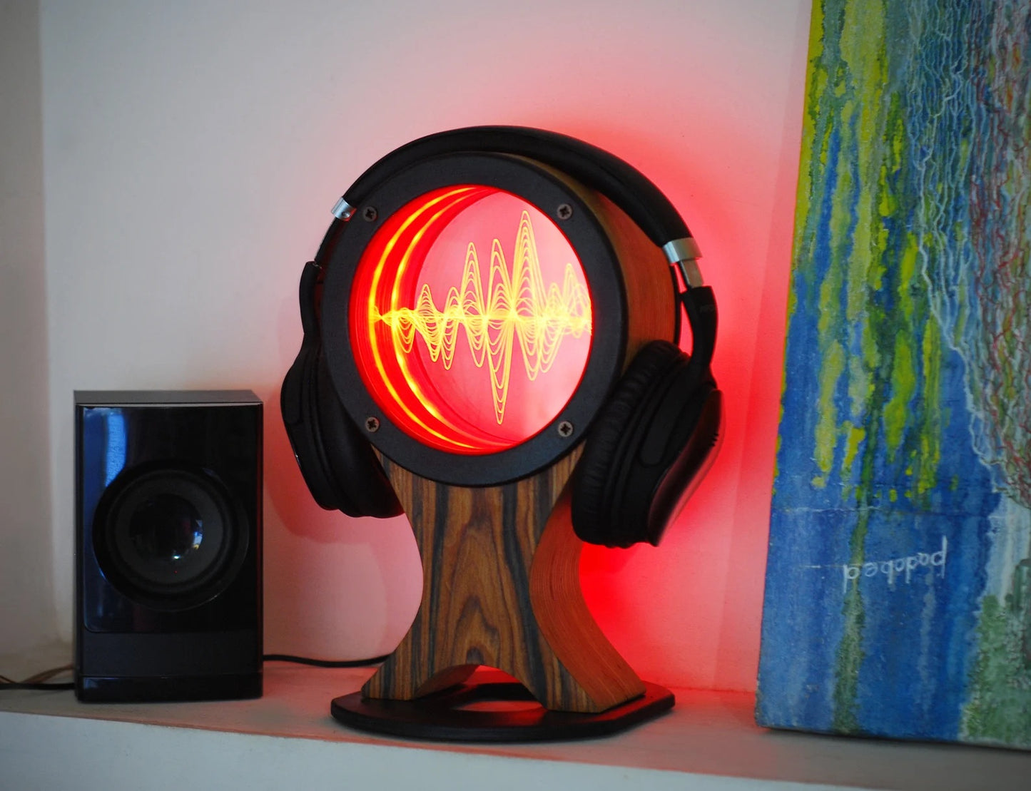 LED Headphone stand, holder, or hanger with color changing lights (sandal wood veneer)